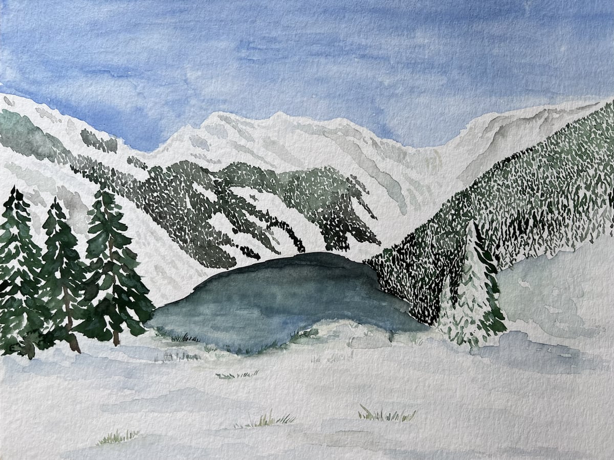 Aquarell einer Berglandschaft mit See und Tannen
