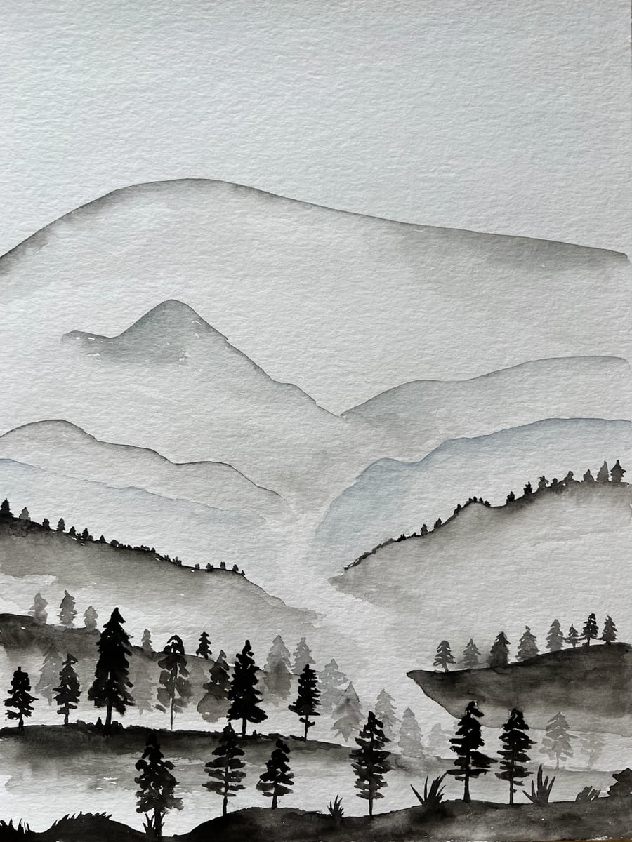 Aquarell einer monochromen Berglandschaft