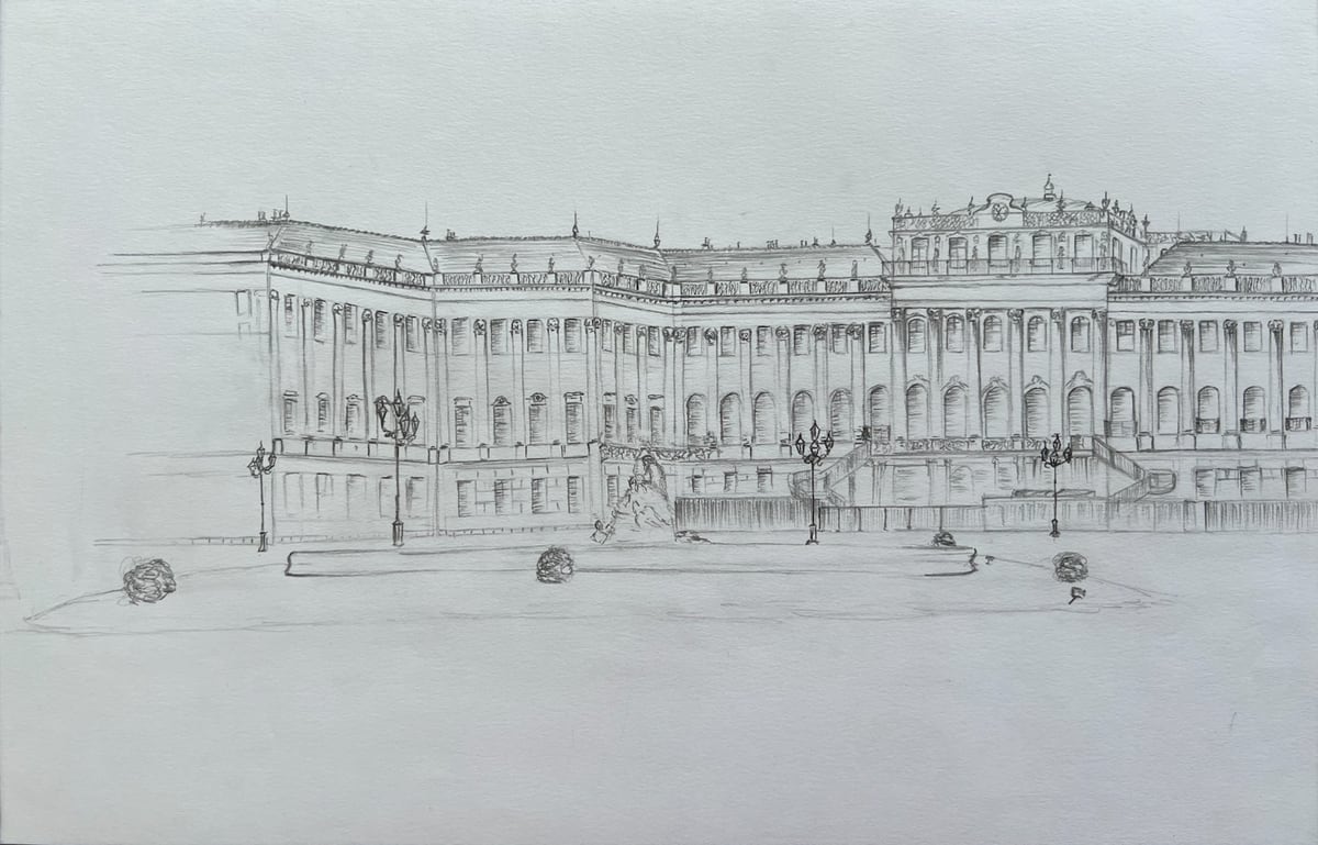 Architekturskizze eines historischen Gebäudes