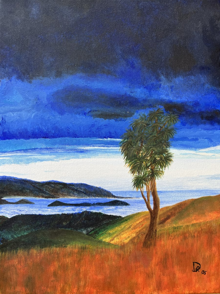 Acrylmalerei einer Küstenlandschaft mit Baum und dramatischem Himmel