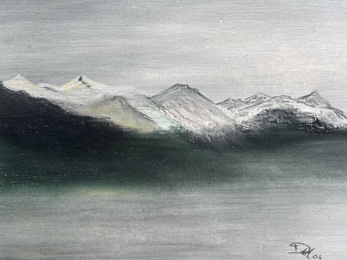 Pastellzeichnung einer Berglandschaft mit See