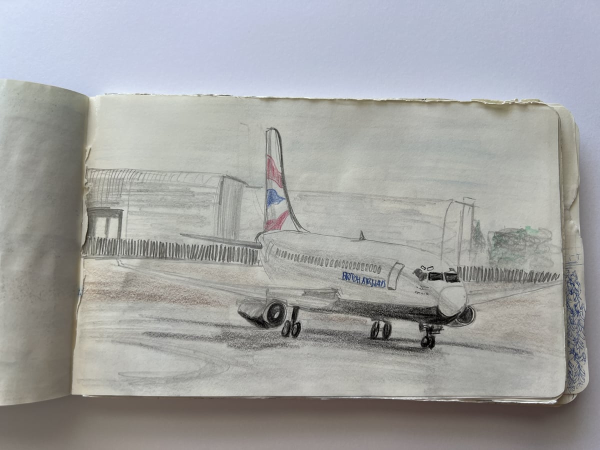 Skizze eines Flugzeugs auf einem Rollfeld